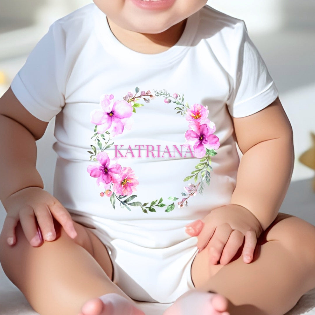 Personalised Pink Flower Wreath Baby Outfit – Bib, Vest, Baby Grow