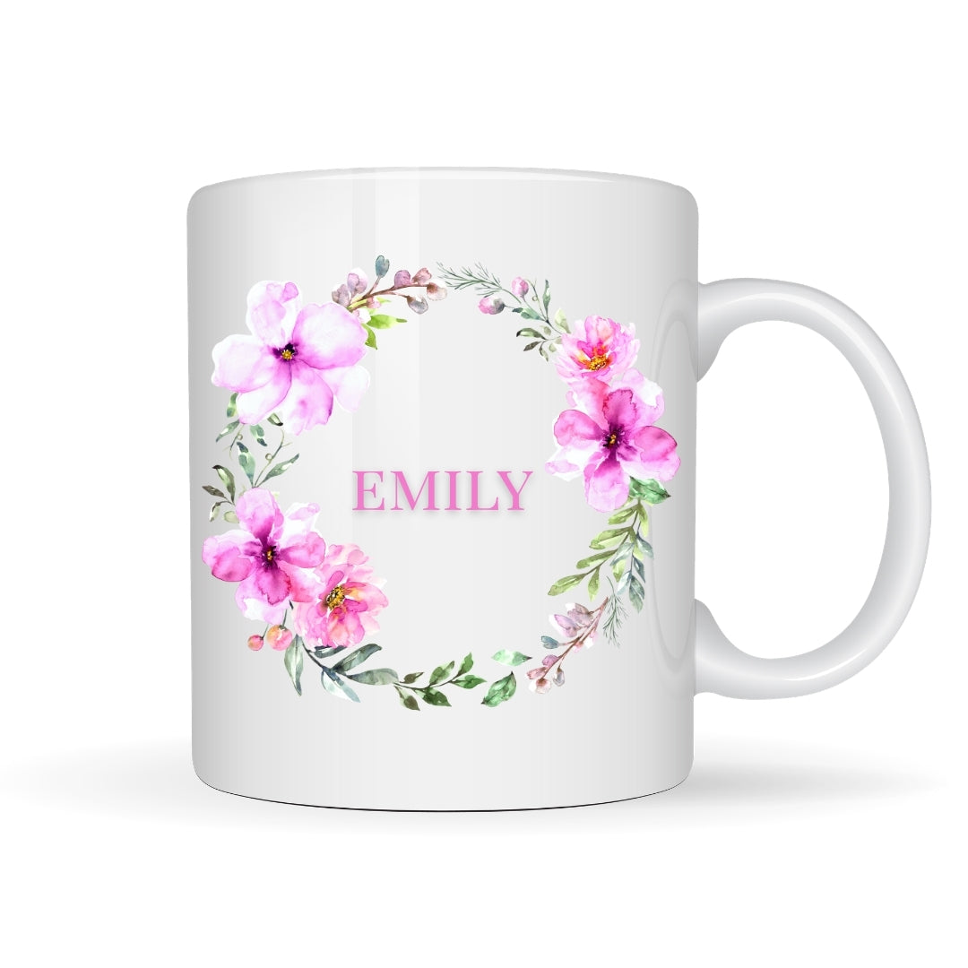 Personalised Pink Flower Wreath Mug Gift | Friend Mum Sister Gift