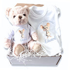 Personalised Blue Mouse Welcome to the World Baby Gift Hamper - Teddy & Baby Vest