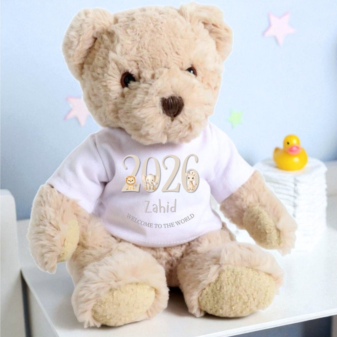 Personalised Luxury Teddy Bear with Cream Welcome to the World T-Shirt