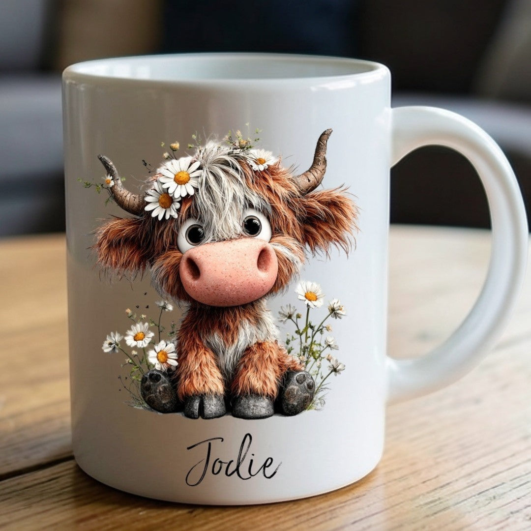 Personalised Daisy Highland Cow Mug | Friend, Teachers Name Gift
