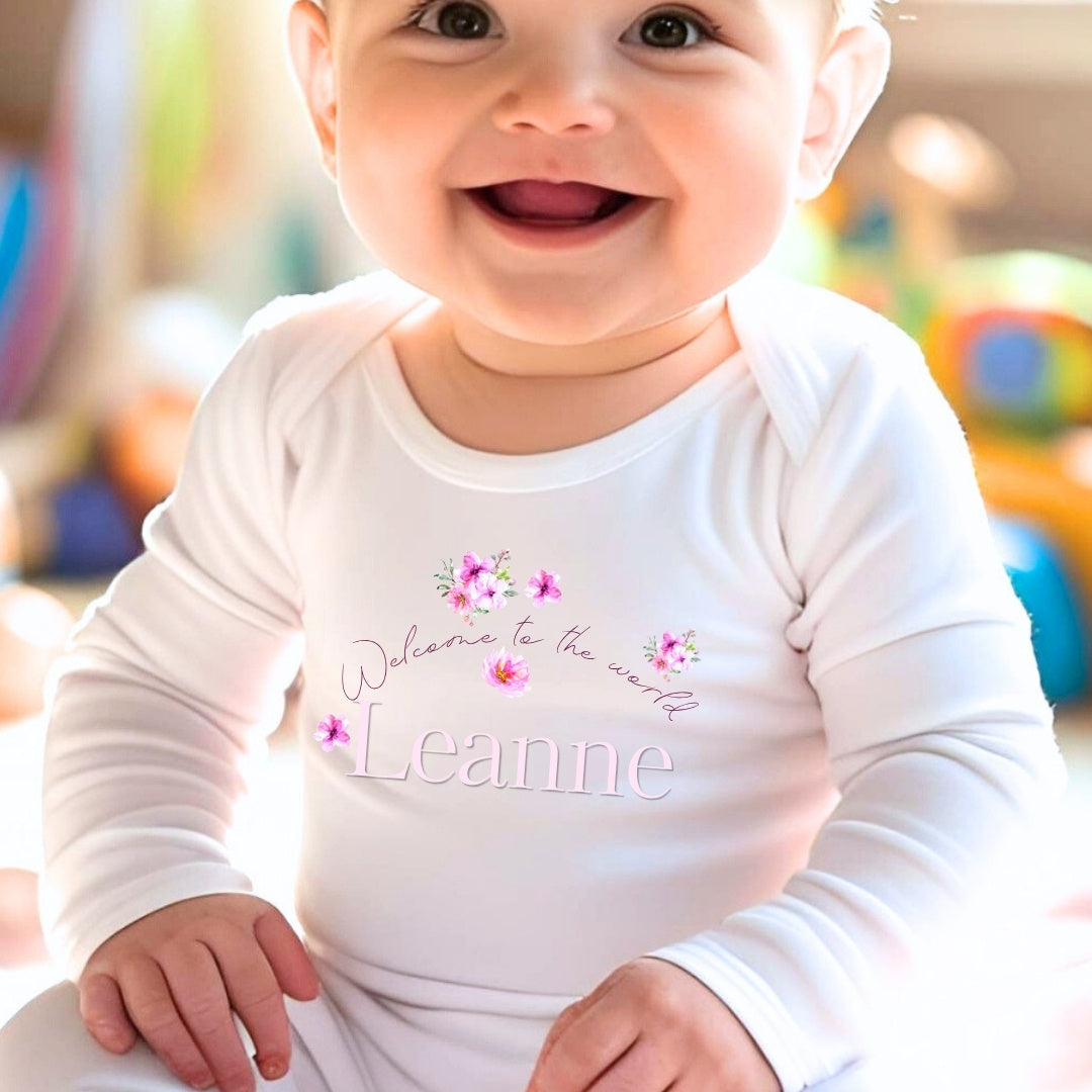 Personalised Floating Flowers Baby Outfit – Bib, Vest, Baby Grow