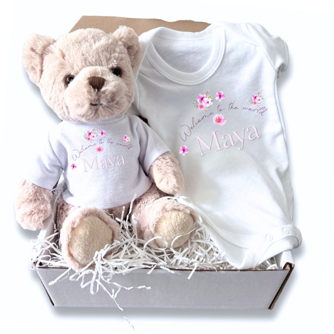 Personalised Floating Flowers Baby Gift Hamper - Teddy & Baby Vest