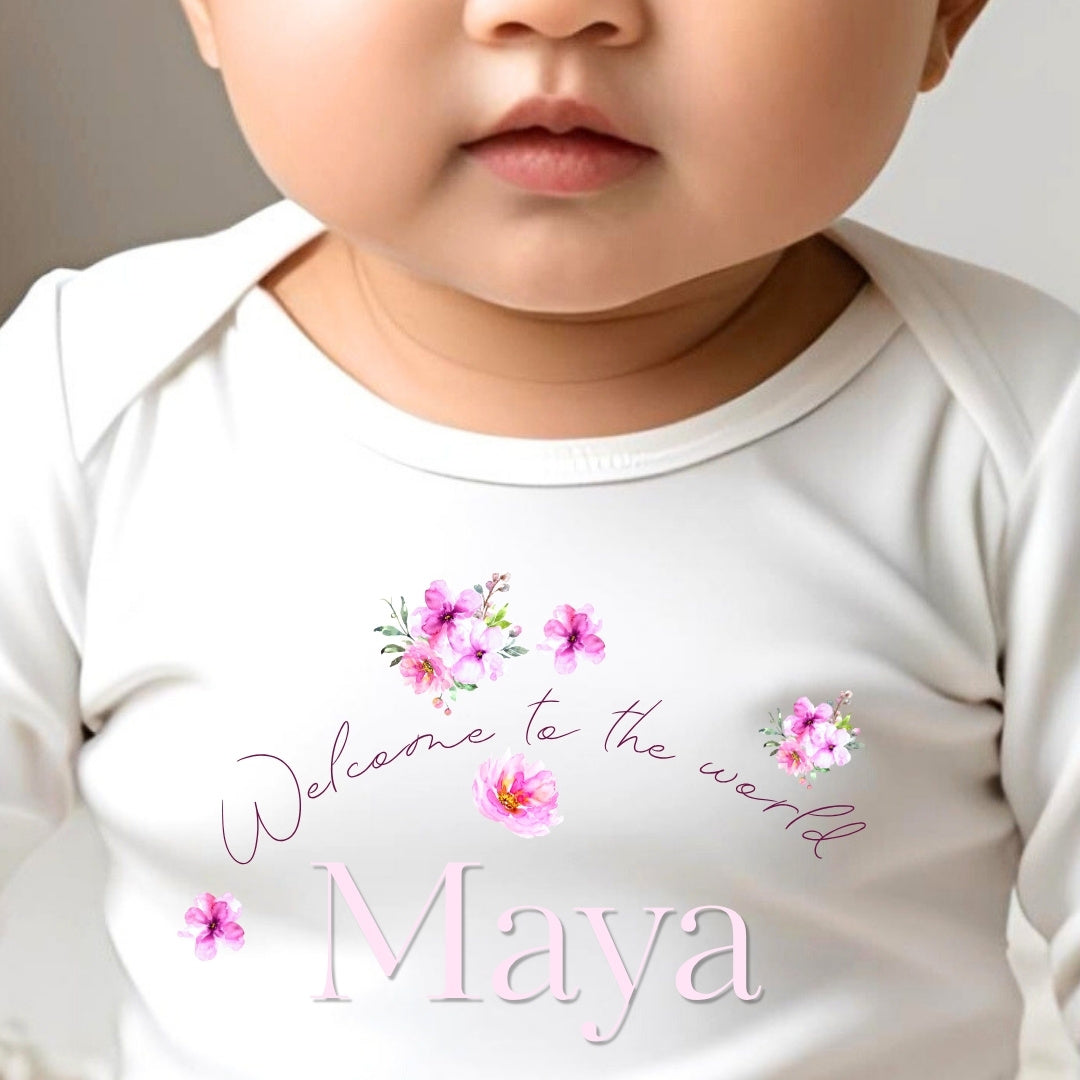 Personalised Floating Flowers Baby Outfit – Bib, Vest, Baby Grow