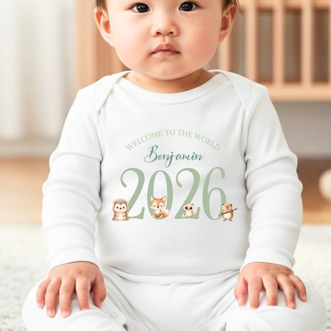 Personalised Green Woodland Animals Baby Outfit – Bib, Vest, Baby Grow