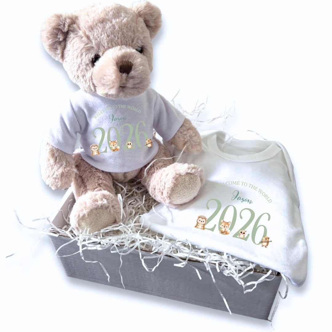 Personalised Green Woodland Animals Baby Gift Hamper - Teddy & Baby Vest