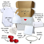 Personalised Surname Heart Baby Gift Hamper - Vest, Hat, Bracelet, Wooden Sign & Chocolates