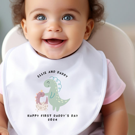 Personalised Happy First Fathers Day Pink Dinosaur Baby Bib