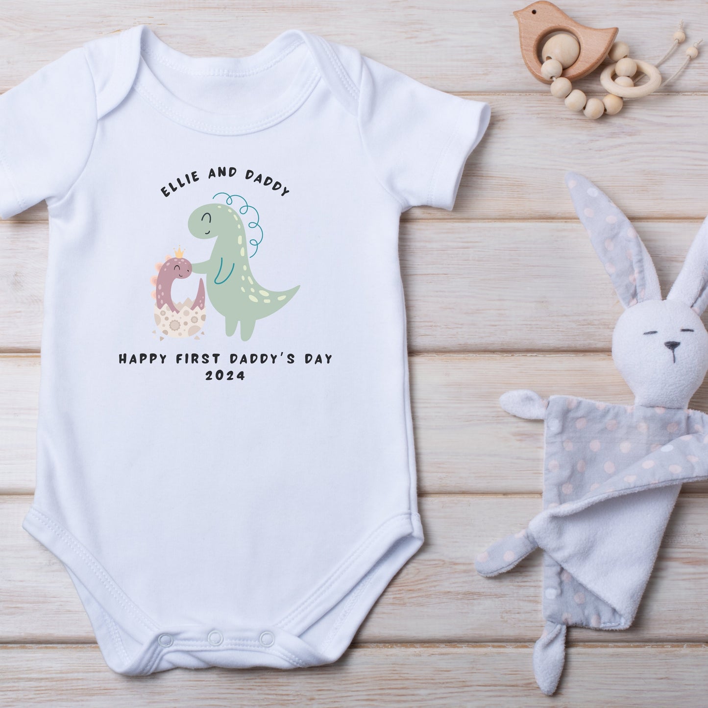 Personalised Happy First Fathers Day Pink Dinosaur Baby Vest