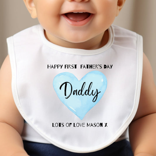 Personalised Blue Happy First Fathers Day Baby Bib