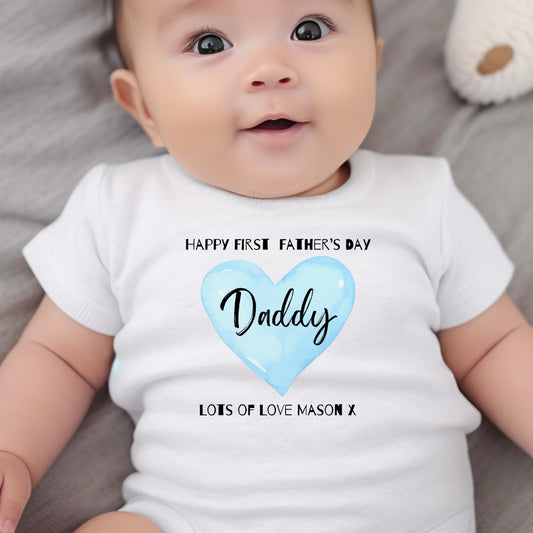 Personalised Blue Happy First Fathers Day Baby Vest