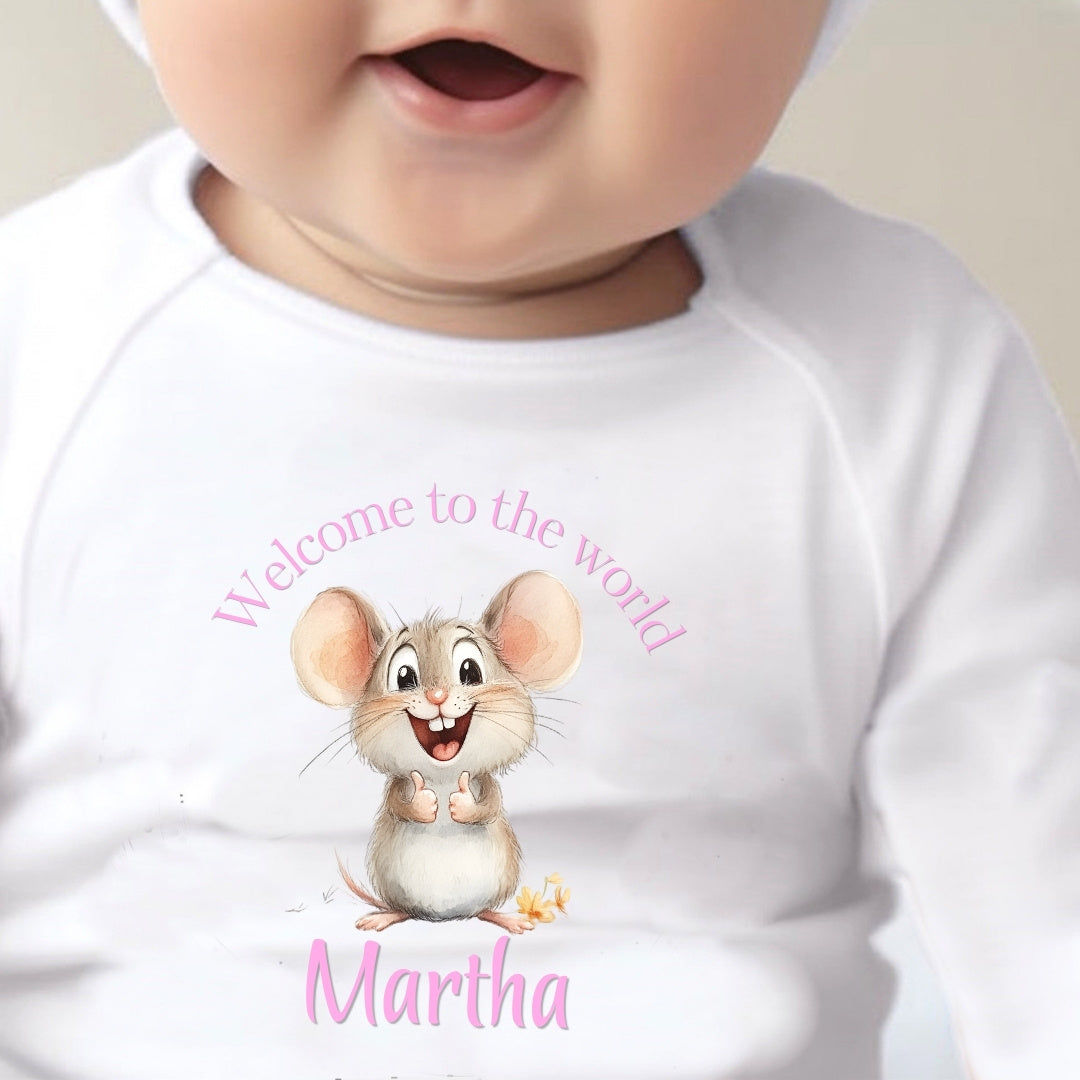 Personalised Pink Mouse Welcome to the World Babygrow | Name Vest or Bib UK