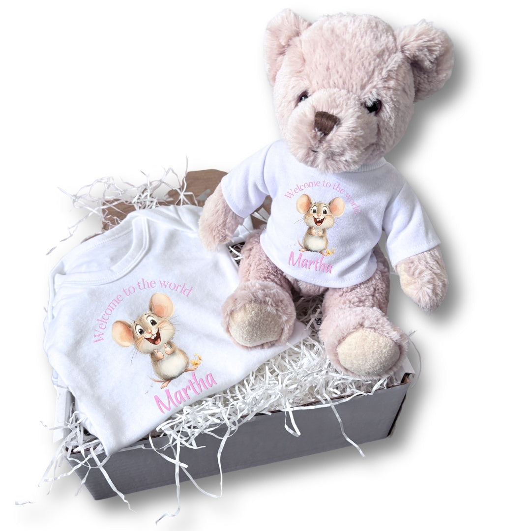 Personalised Pink Mouse Welcome to the World Baby Gift Hamper - Teddy & Baby Vest