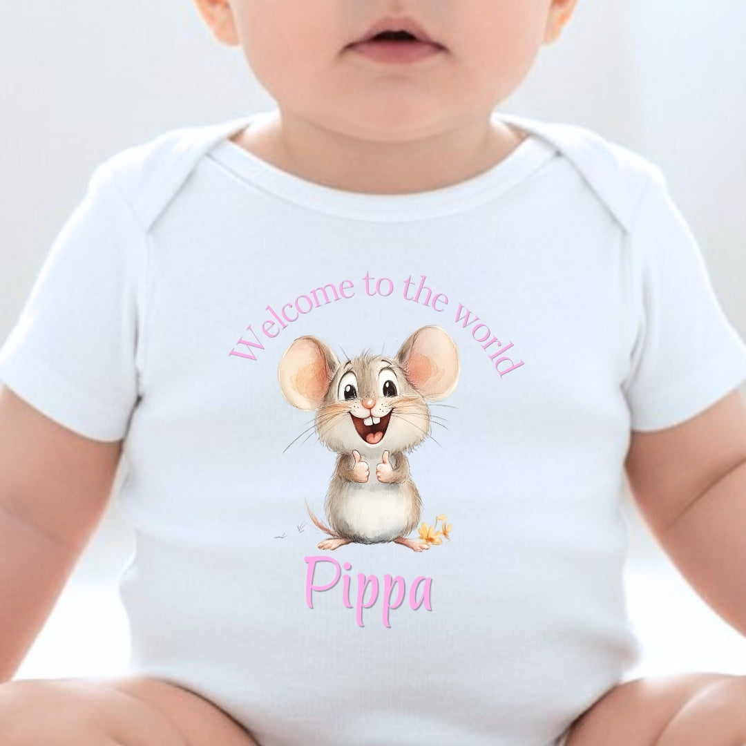 Personalised Pink Mouse Welcome to the World Babygrow | Name Vest or Bib UK