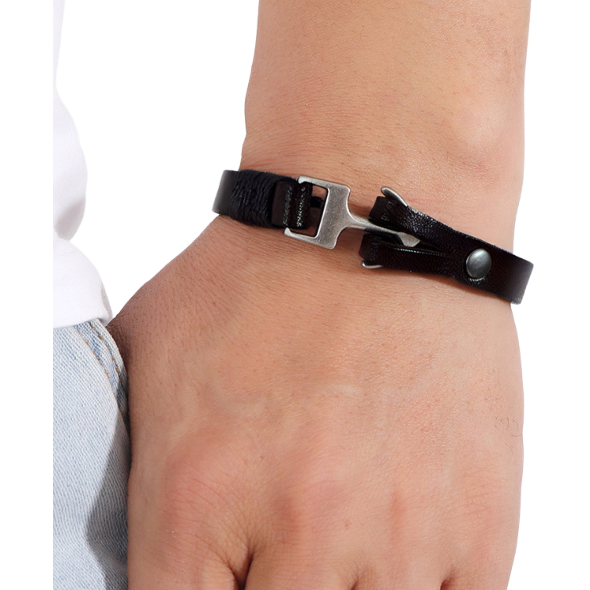 Men's Black Leather Anchor Bracelet