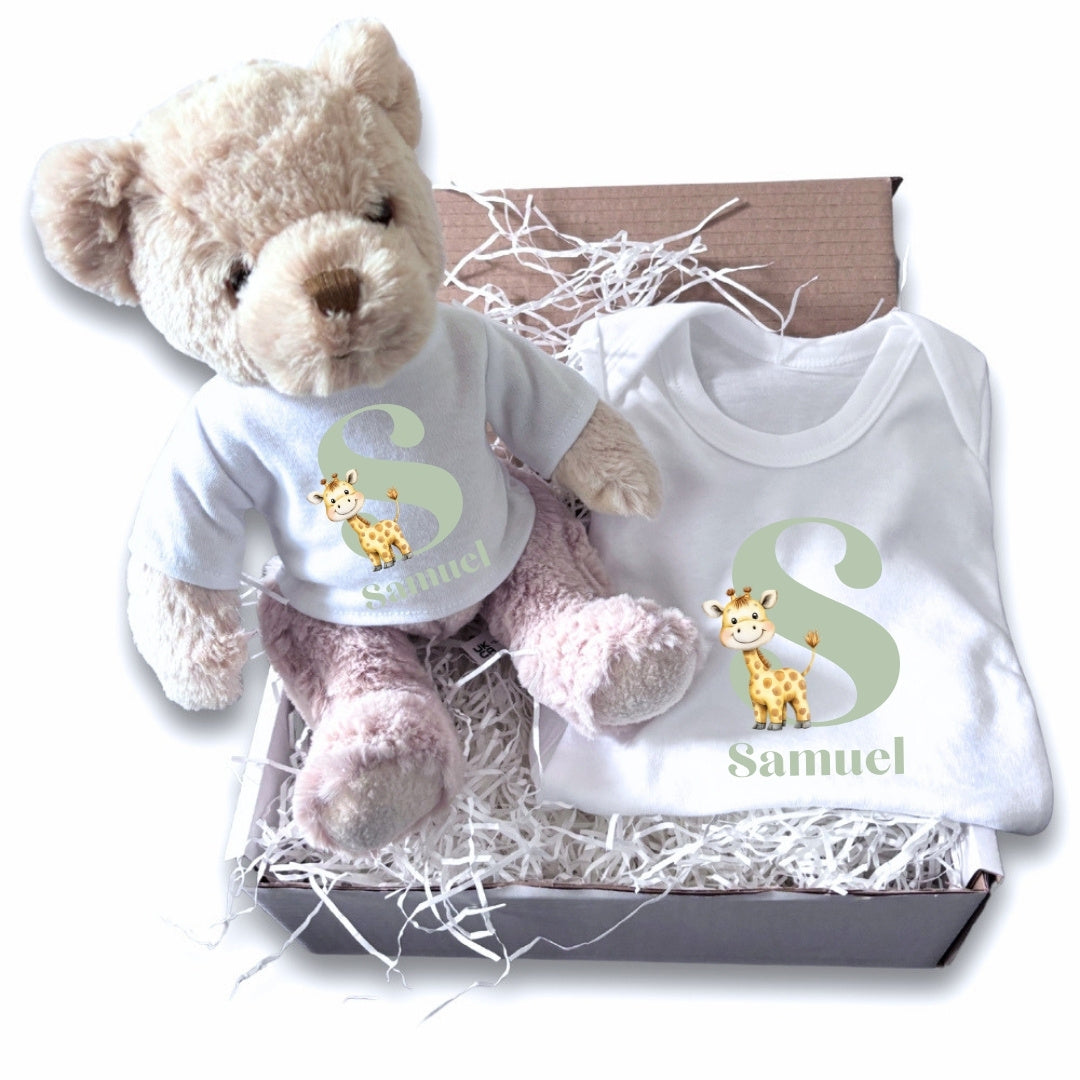 Personalised Little Giraffe Baby Gift Hamper - Teddy & Baby Vest