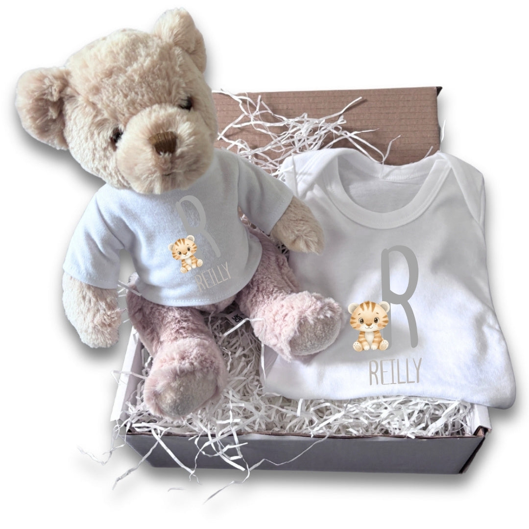 Personalised Little Tiger Name Baby Gift Hamper - Teddy & Baby Vest