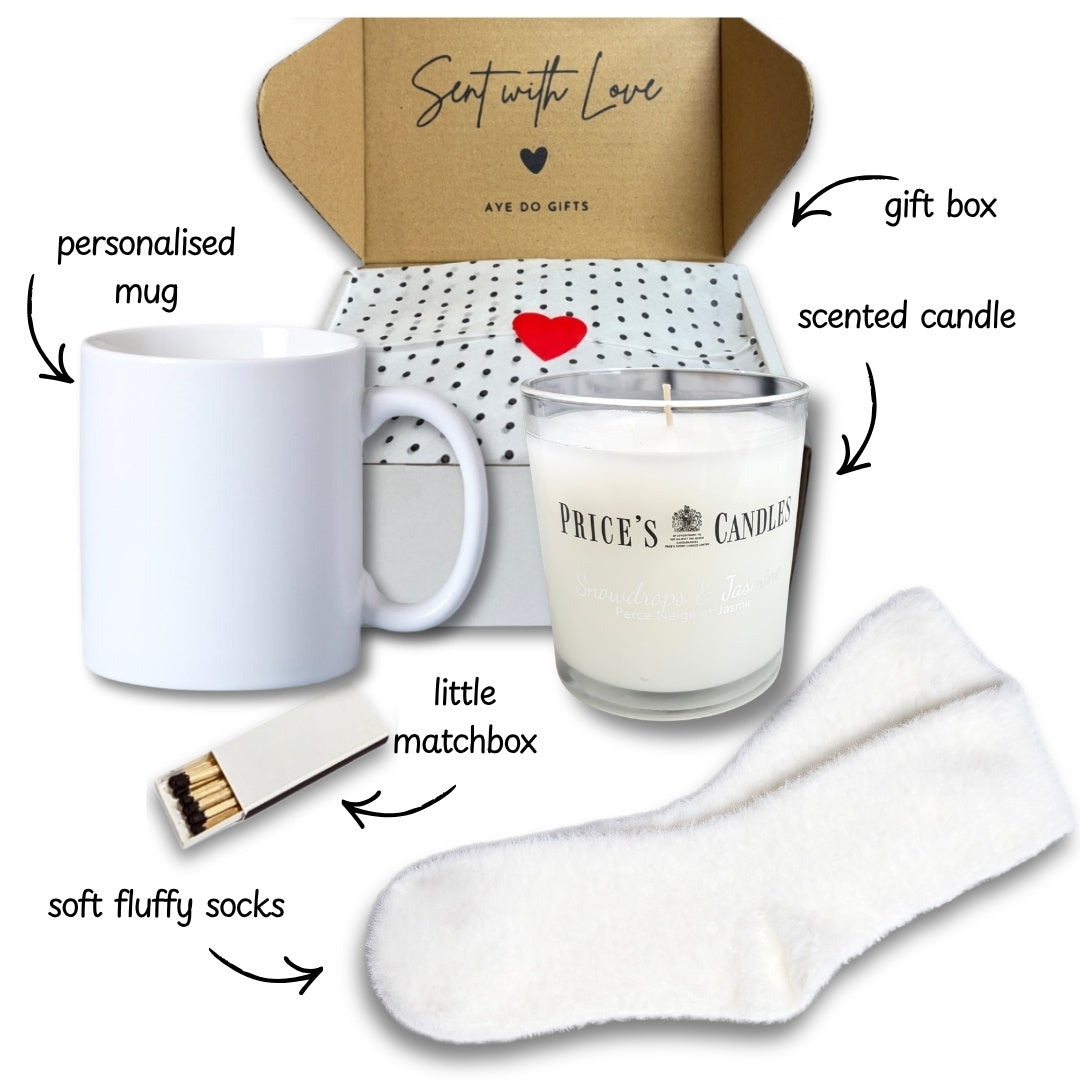 Personalised Name Mug, Candle & Socks Gift Hamper | Sister Friend Daughter