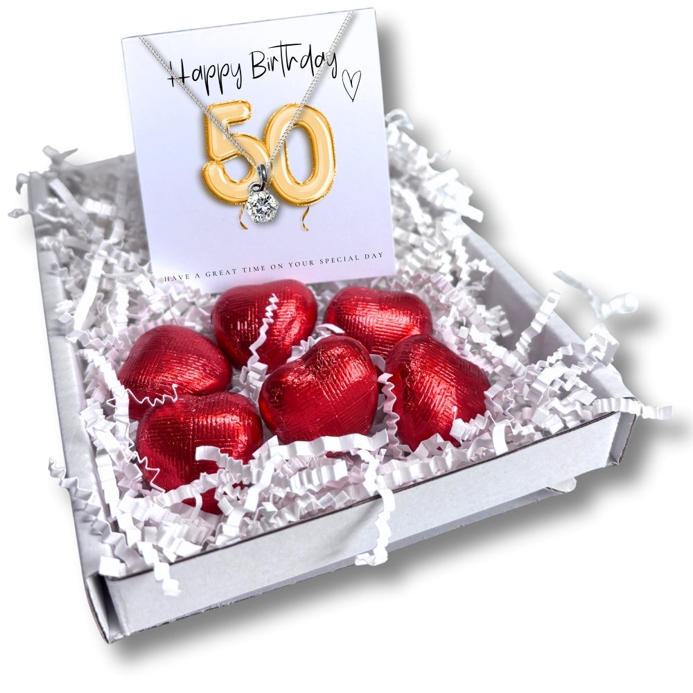 50th Birthday Cubic Zirconia Silver Necklace & Gold Balloons Mini Gift Hamper