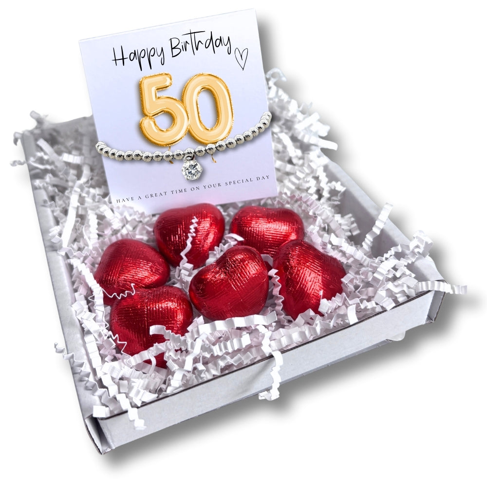 50th Birthday Cubic Zirconia Silver Bracelet & Gold Balloon Mini Gift Hamper