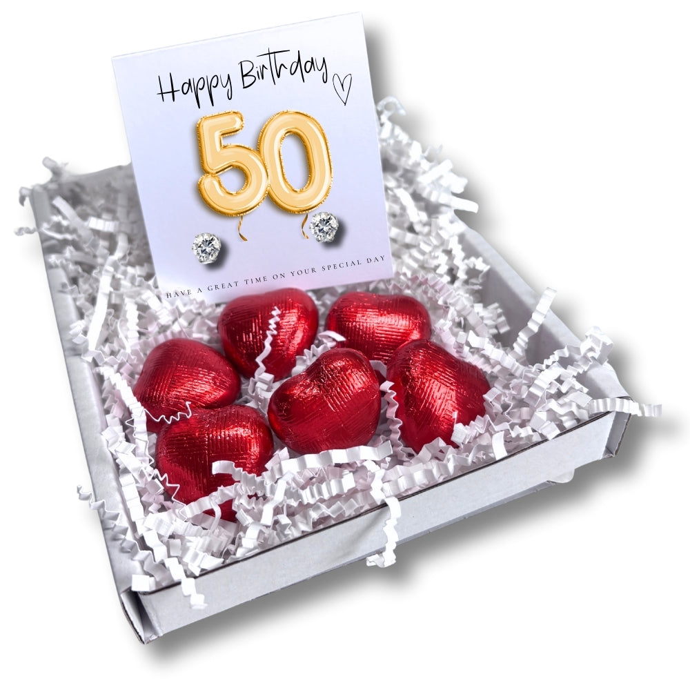 50th Birthday Cubic Zirconia Stud Earrings & Gold Balloons Mini Gift Hamper