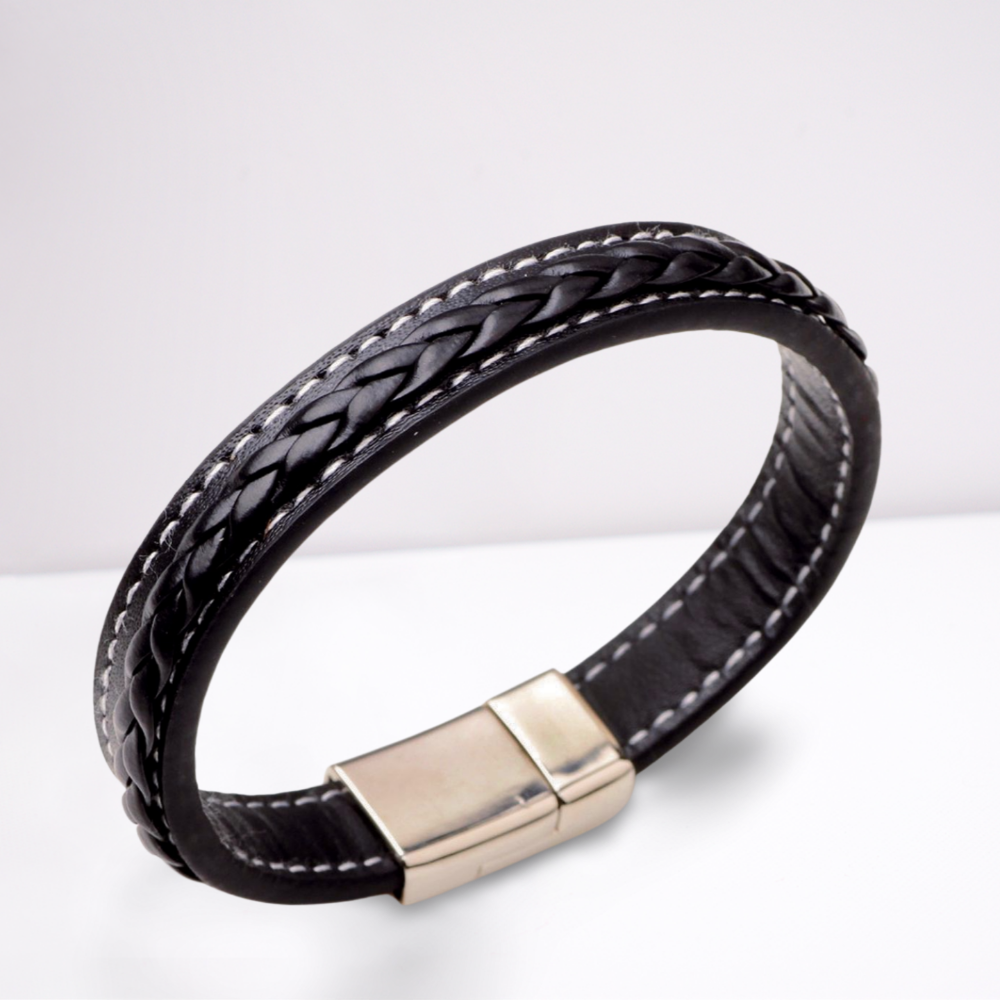 Men's Stitched Black Leather Bracelet