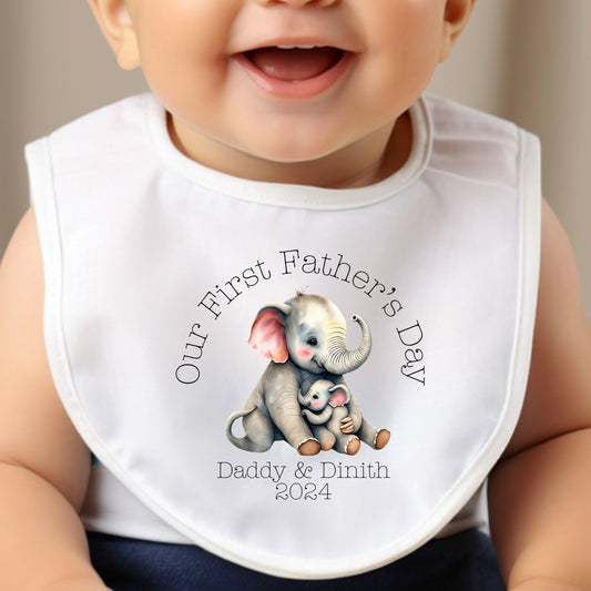 Personalised Our First Fathers Day Sweet Elephant Baby Bib