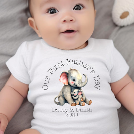 Personalised Our First Fathers Day Sweet Elephant Baby Vest