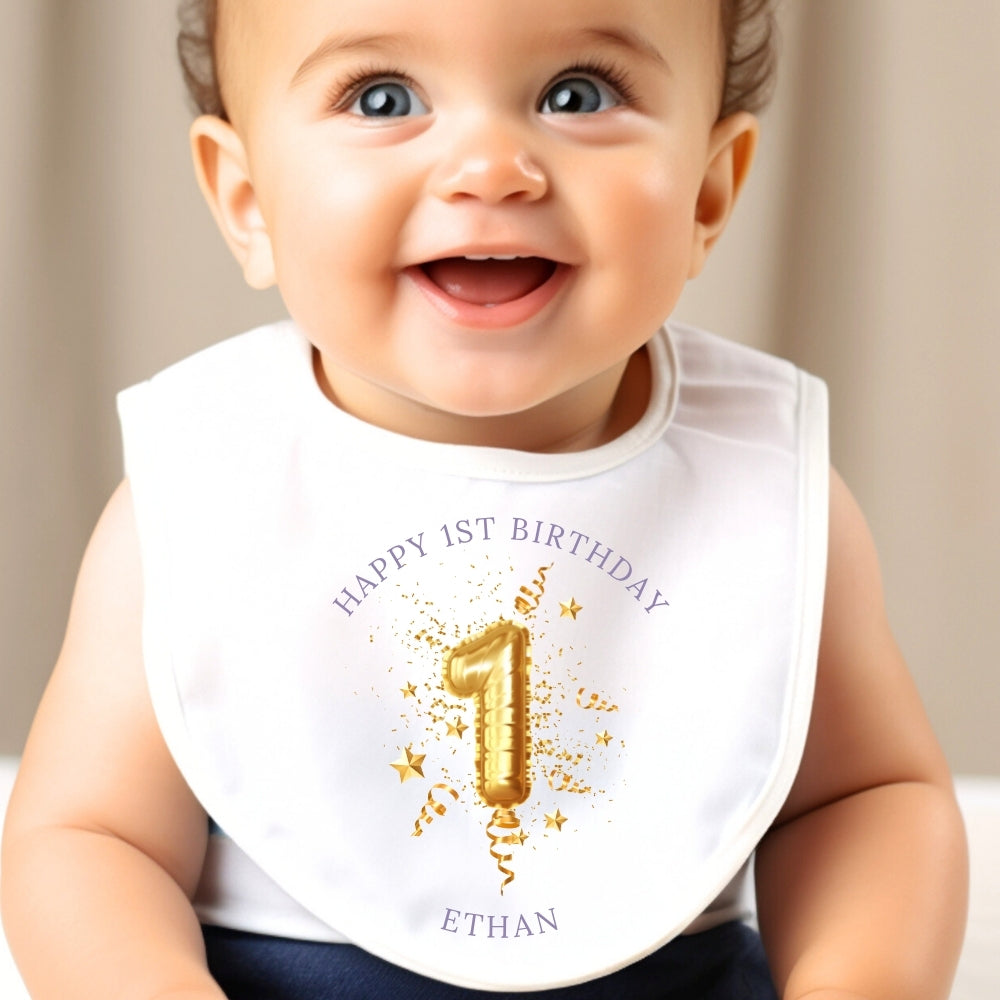 Personalised 1st Birthday Gold Balloon Baby Outfit: Bib, Vest, Baby Grow