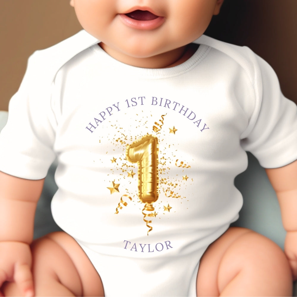 Personalised 1st Birthday Gold Balloon Baby Outfit: Bib, Vest, Baby Grow