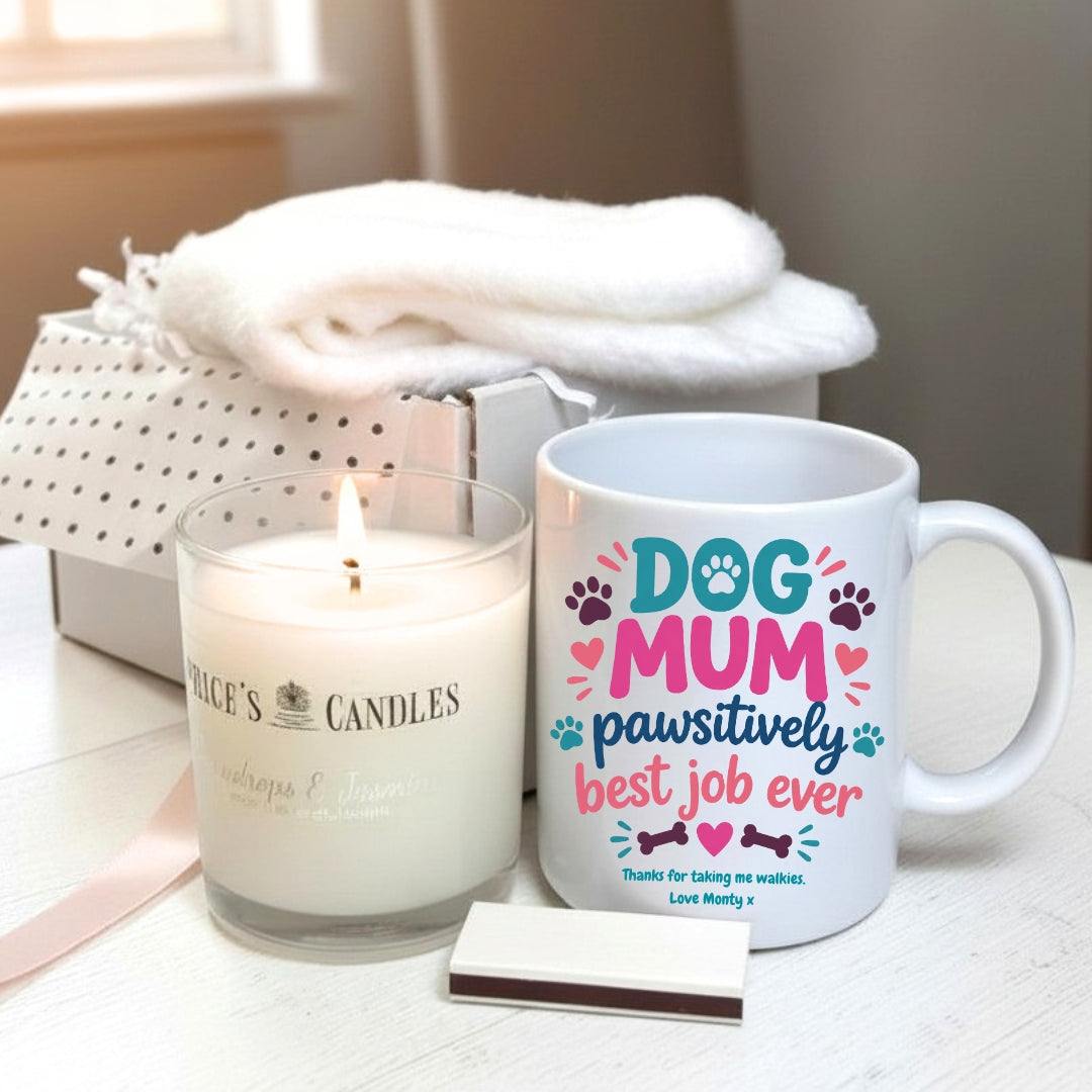 Personalised Dog Mum Pawsitively Best Job Ever Mug, Candle & Socks Gift Hamper | Mum Gift