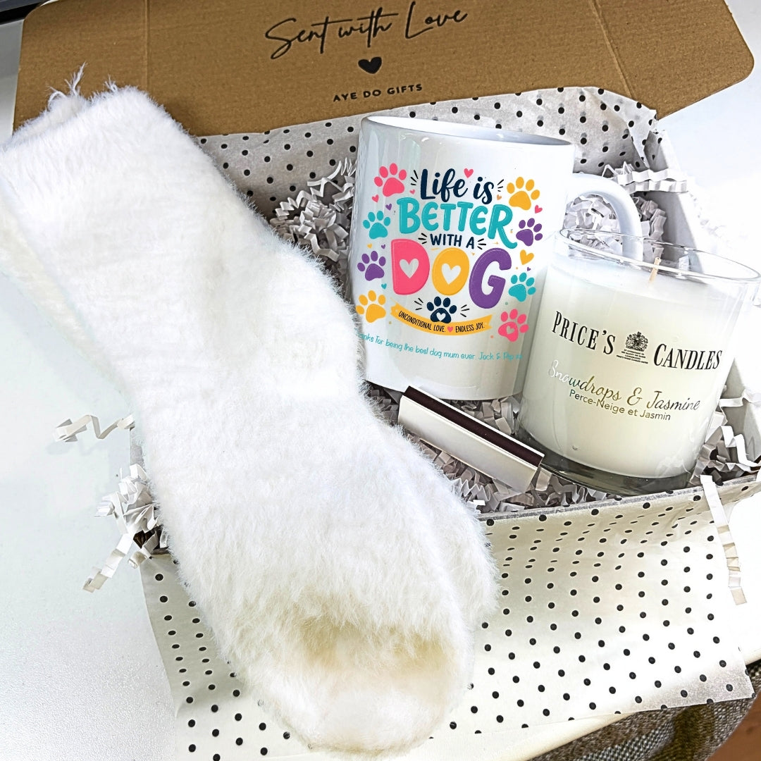 Personalised Life is Better with a Dog Mug, Candle & Socks Gift Hamper | Family Gift