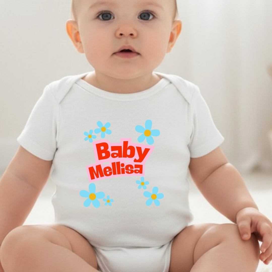Personalised Blue Daisy Name Baby Outfit – Bib, Vest, Baby Grow