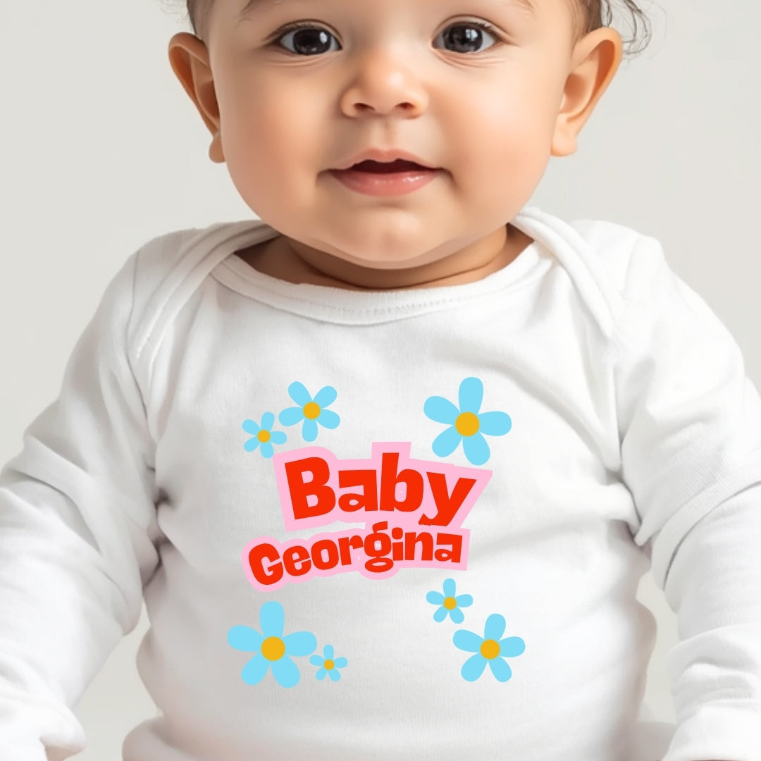 Personalised Blue Daisy Name Baby Outfit – Bib, Vest, Baby Grow