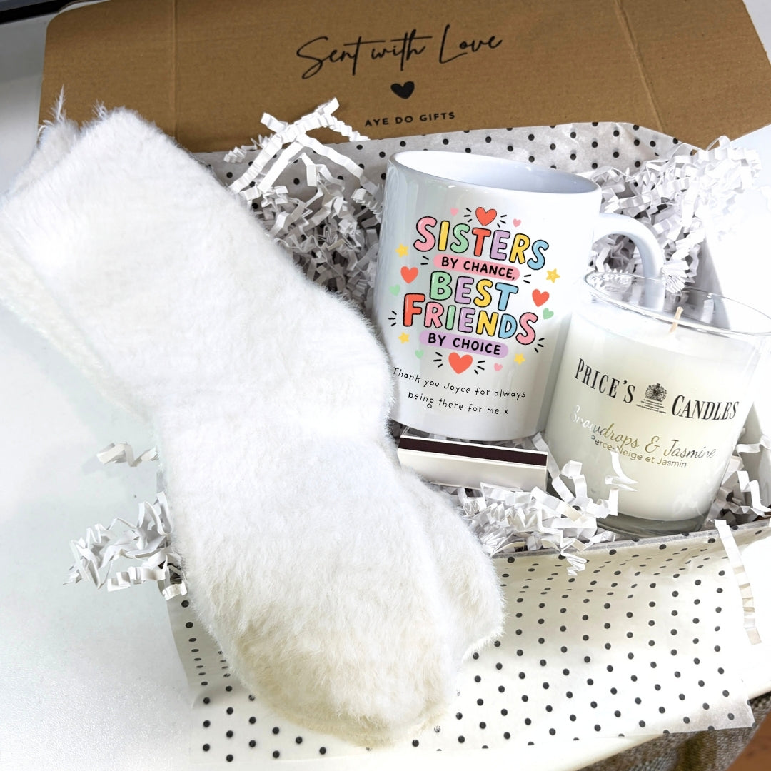 Personalised Sister & Best Friends Mug, Candle & Socks Gift Hamper | Sister Best Friend Gift