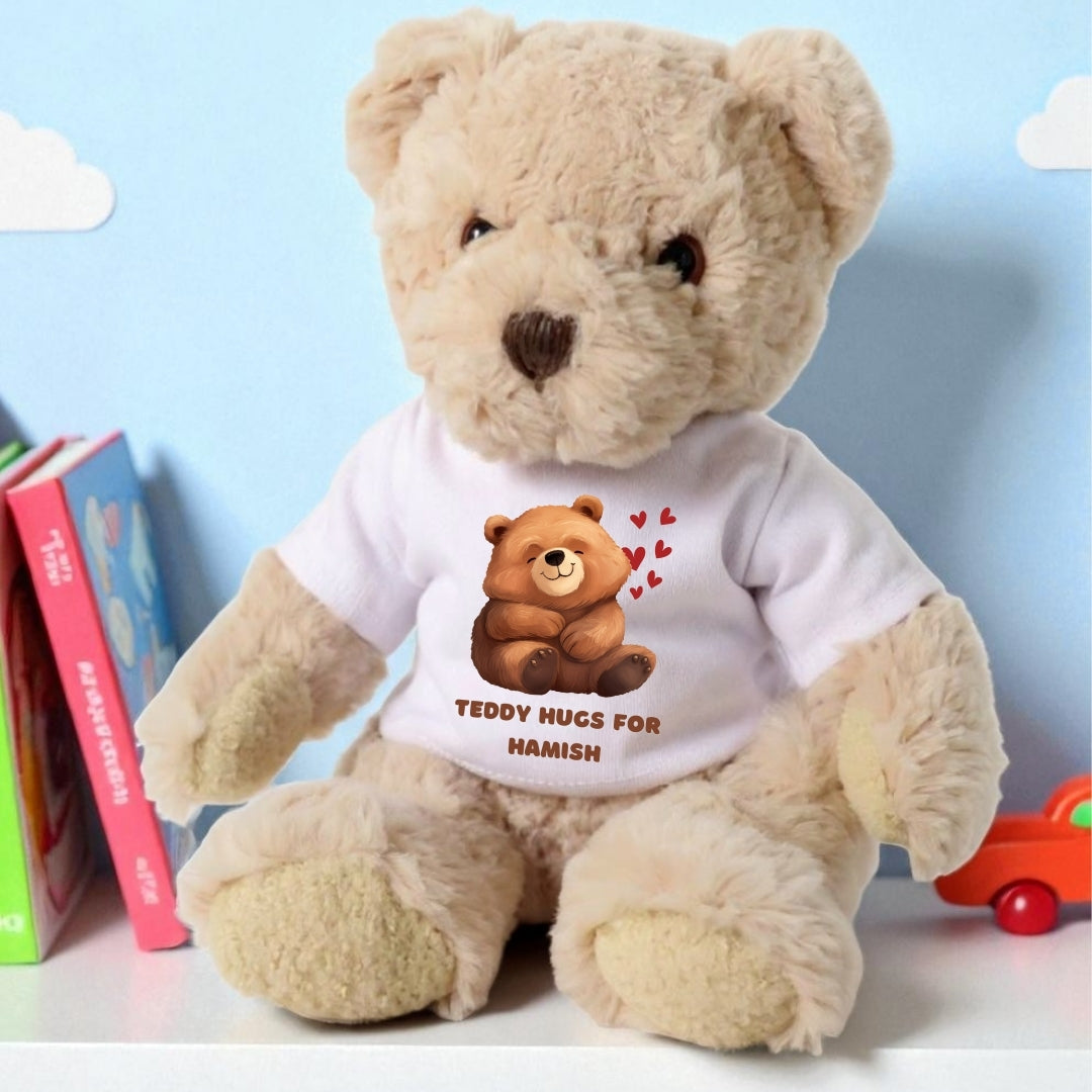 Personalised Luxury Teddy Bear with Teddy Hugs T-Shirt