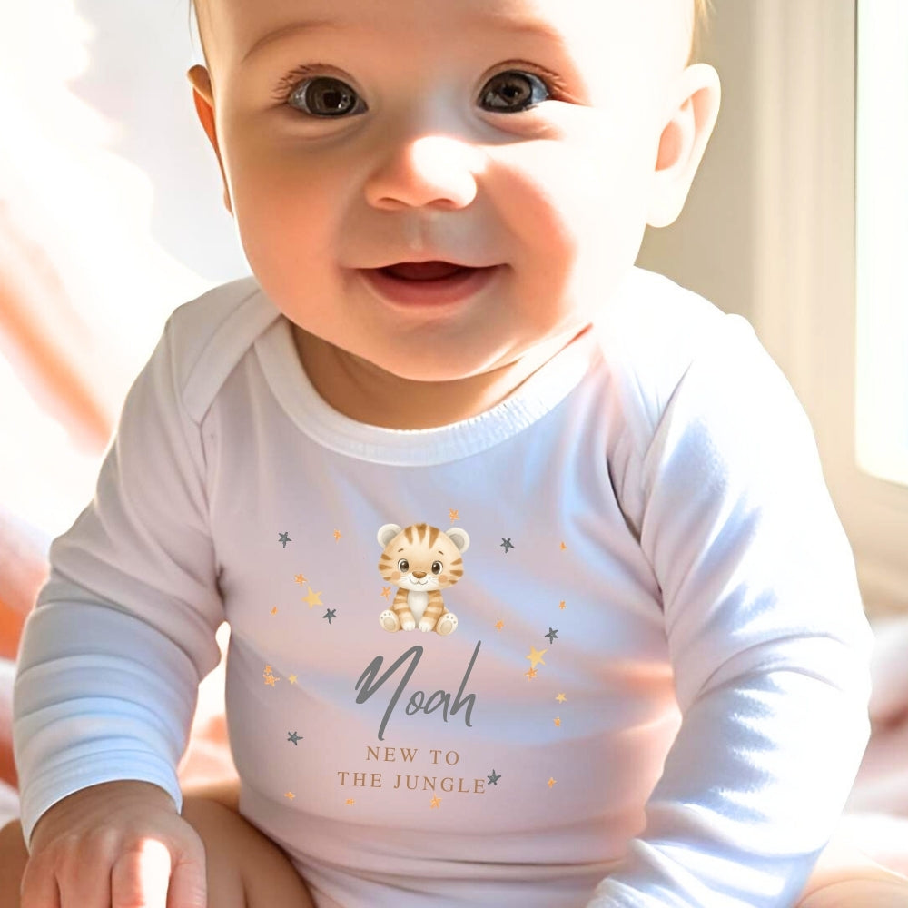 Personalised New to the Jungle Tiger Baby Outfit: Bib, Vest, Baby Grow
