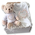 Personalised Pink Flower Heart Name Gift Hamper - Teddy & Baby Vest