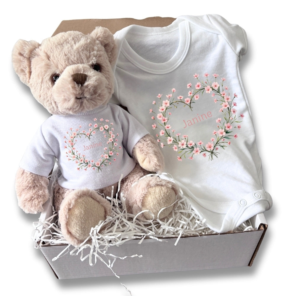 Personalised Pink Flower Heart Name Gift Hamper - Teddy & Baby Vest
