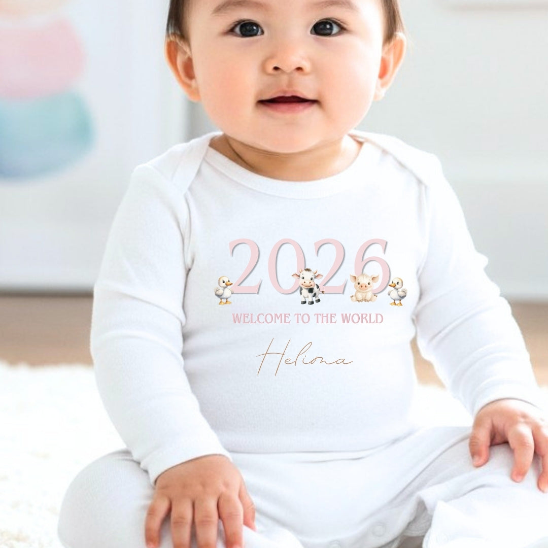 Personalised Pink Farm Animals Baby Outfit – Bib, Vest, Baby Grow