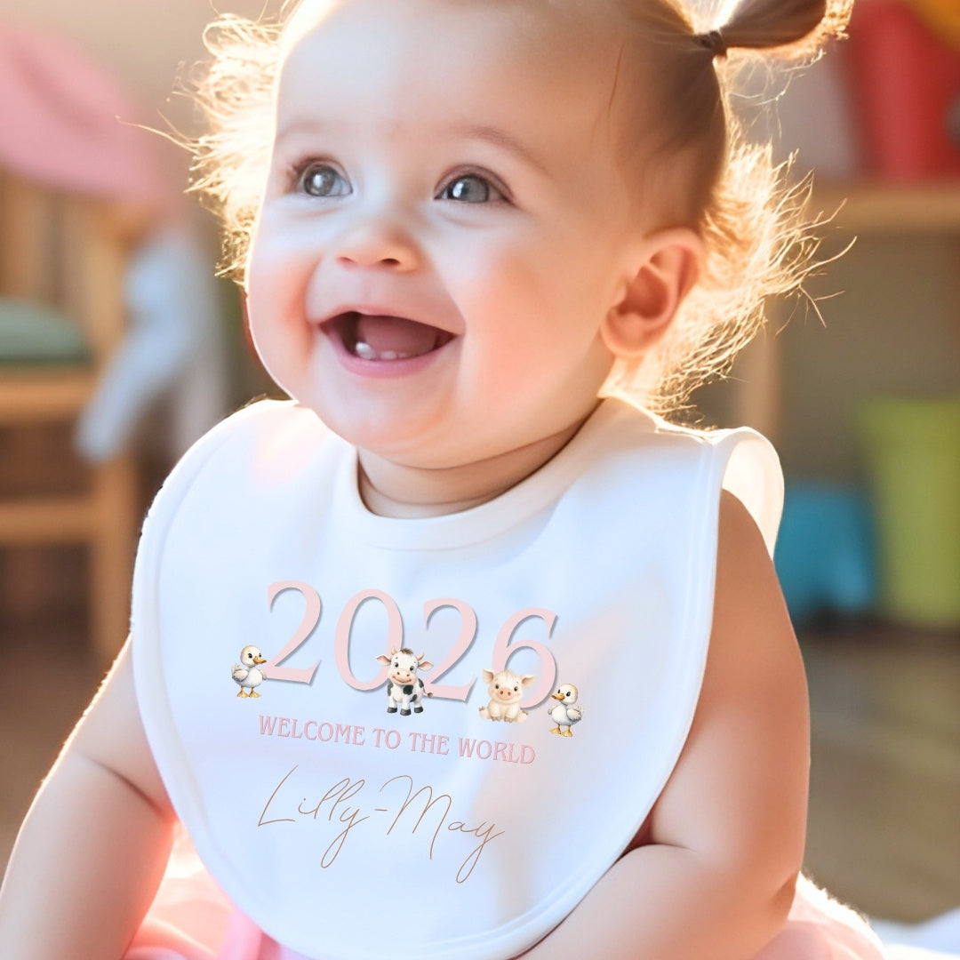 Personalised Pink Farm Animals Baby Outfit – Bib, Vest, Baby Grow