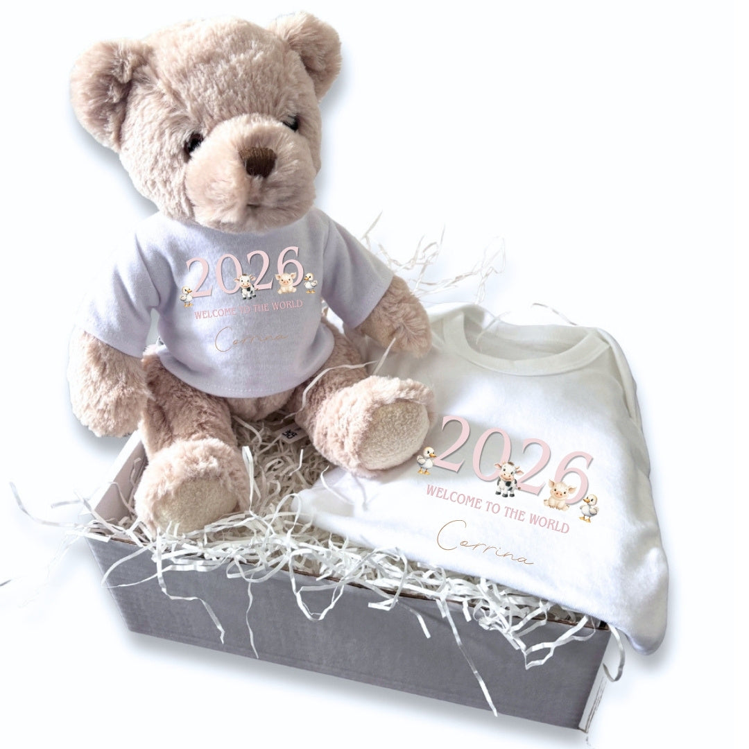 Personalised Pink Farm Animals Baby Gift Hamper - Teddy & Baby Vest