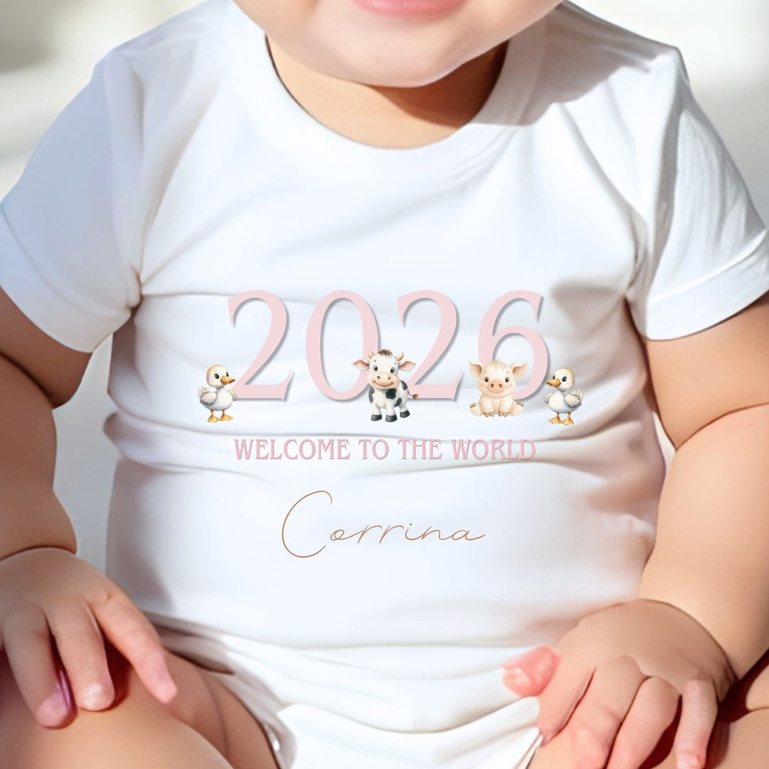 Personalised Pink Farm Animals Baby Outfit – Bib, Vest, Baby Grow