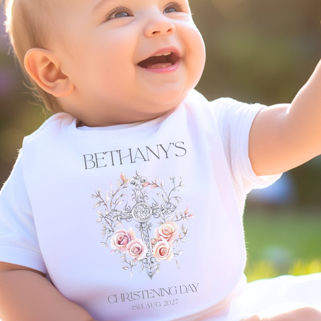Personalised Floral Cross Christening Day Babygrow | Name Vest or Bib UK