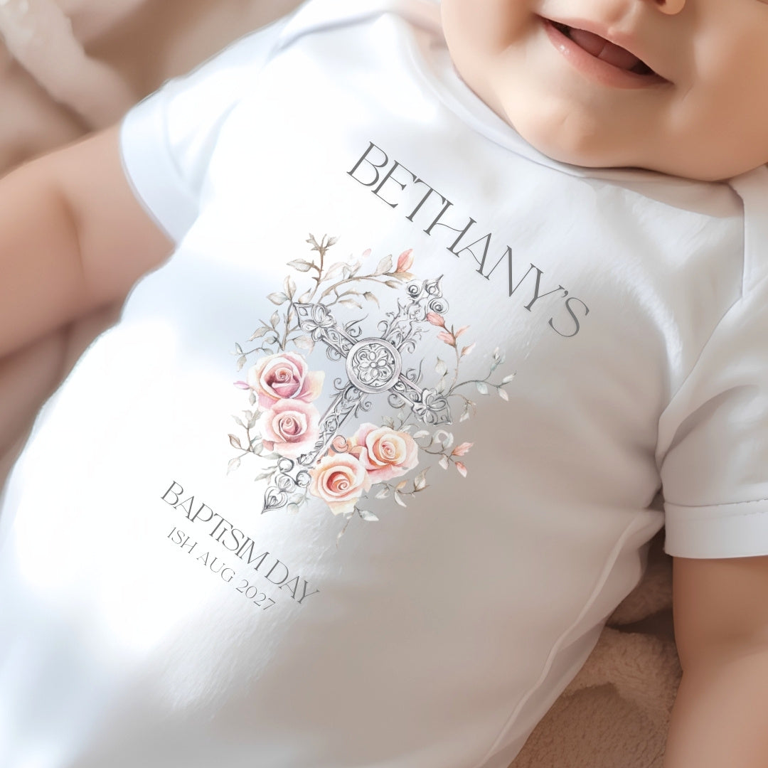 Personalised Floral Cross Christening Day Babygrow | Name Vest or Bib UK