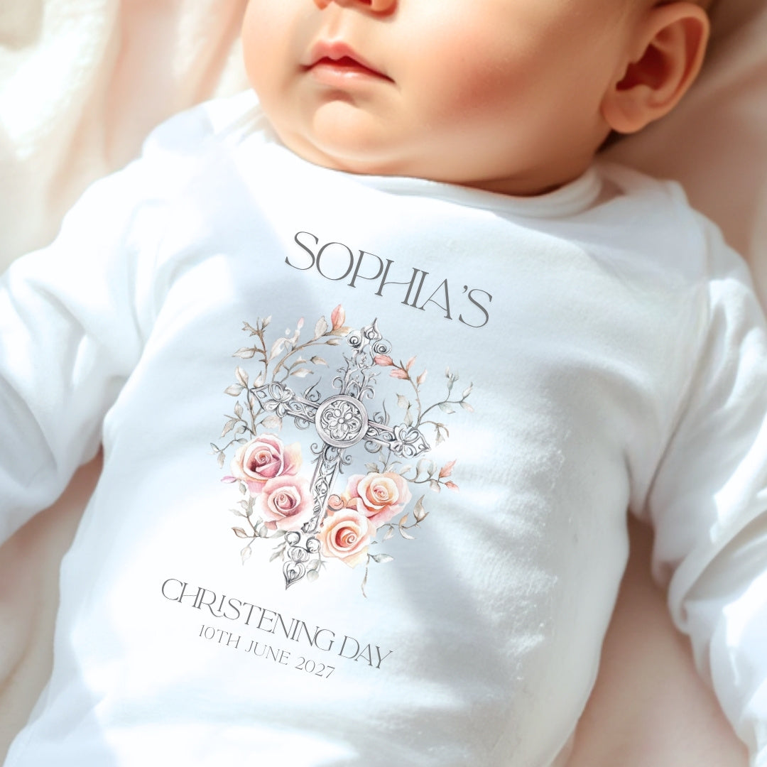 Personalised Floral Cross Christening Day Babygrow | Name Vest or Bib UK