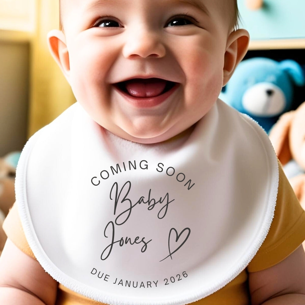 Personalised Coming Soon Baby Outfit: Bib, Vest, Baby Grow