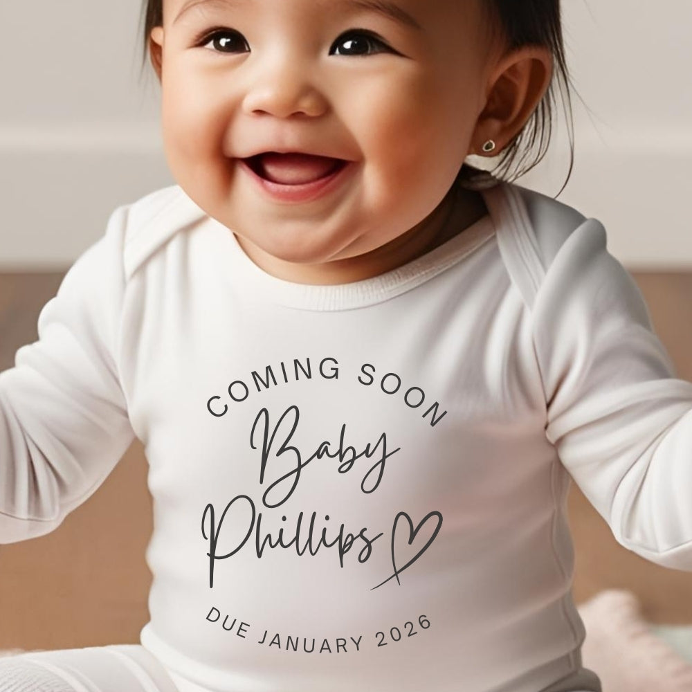 Personalised Coming Soon Baby Outfit: Bib, Vest, Baby Grow