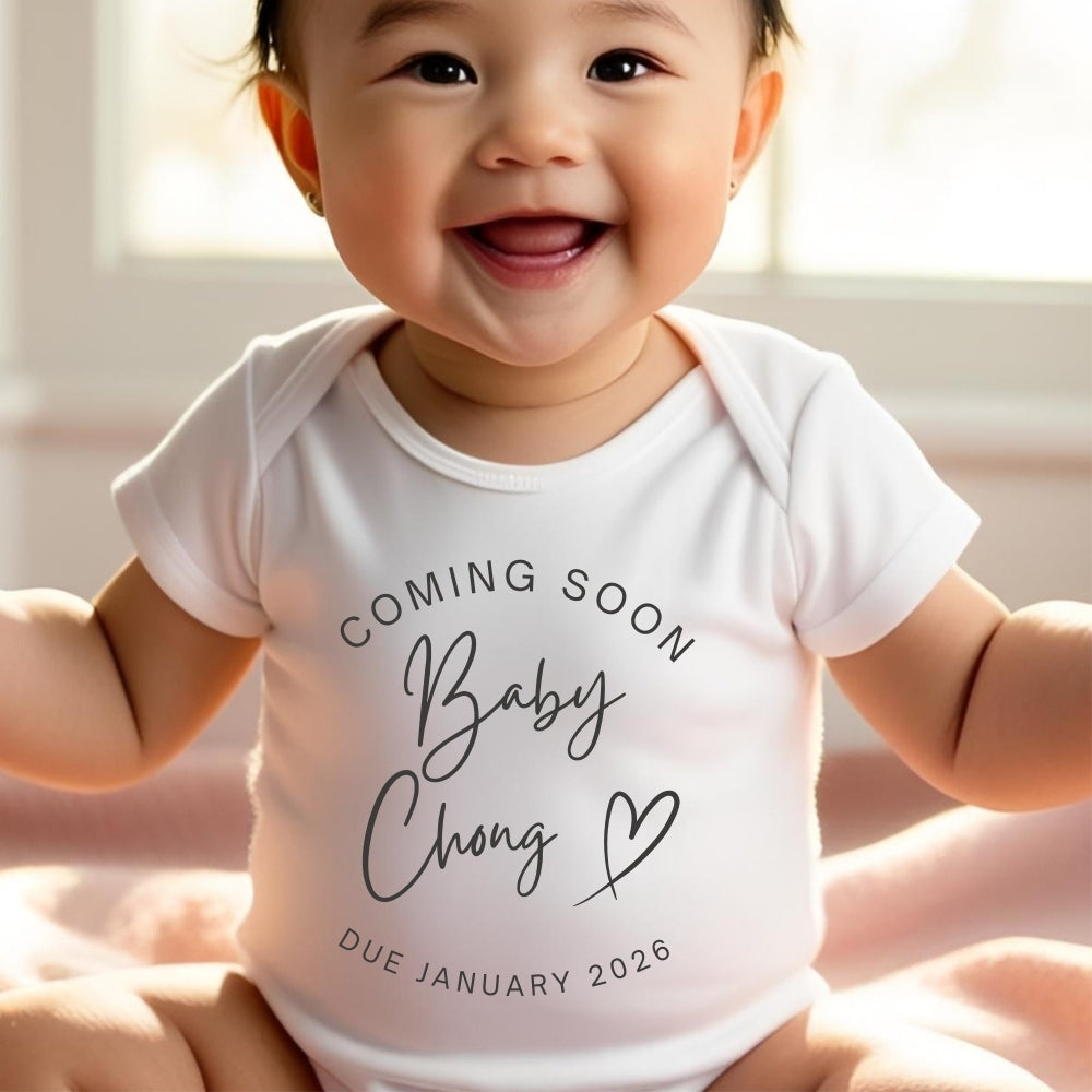 Personalised Coming Soon Baby Outfit: Bib, Vest, Baby Grow