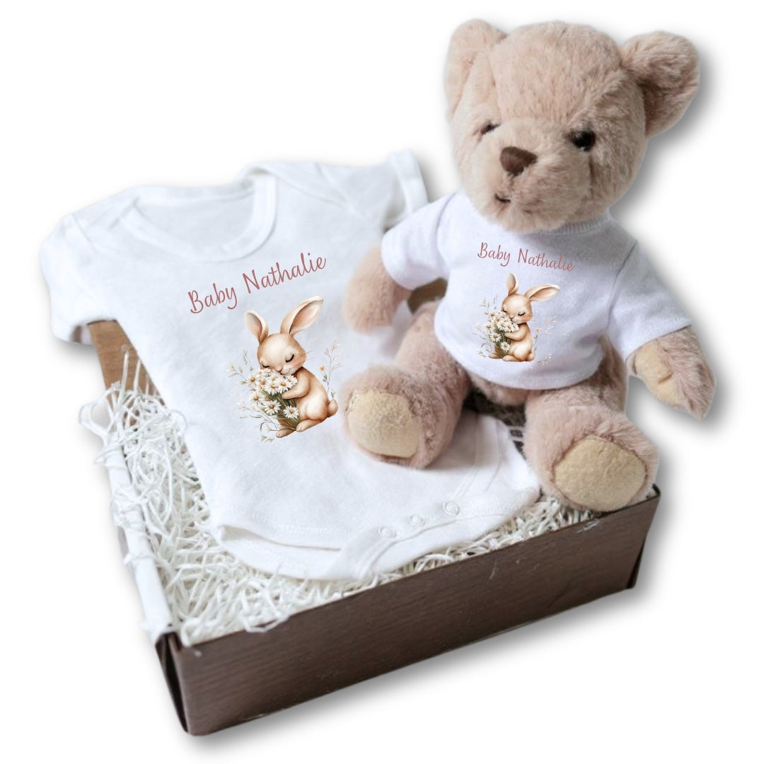 Personalised Daisy Bunny Baby Gift Hamper - Teddy & Baby Vest